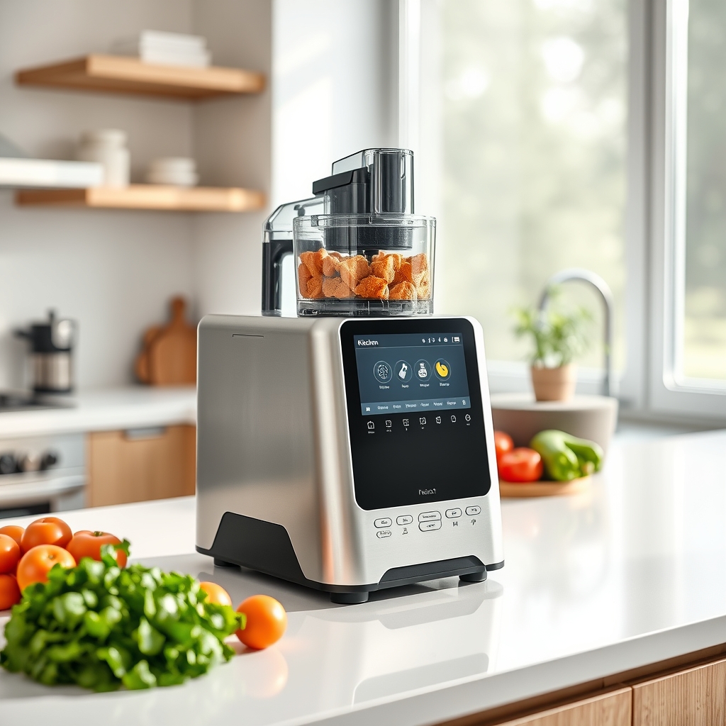 Robot cuiseur multifonction posé sur un plan de travail de cuisine